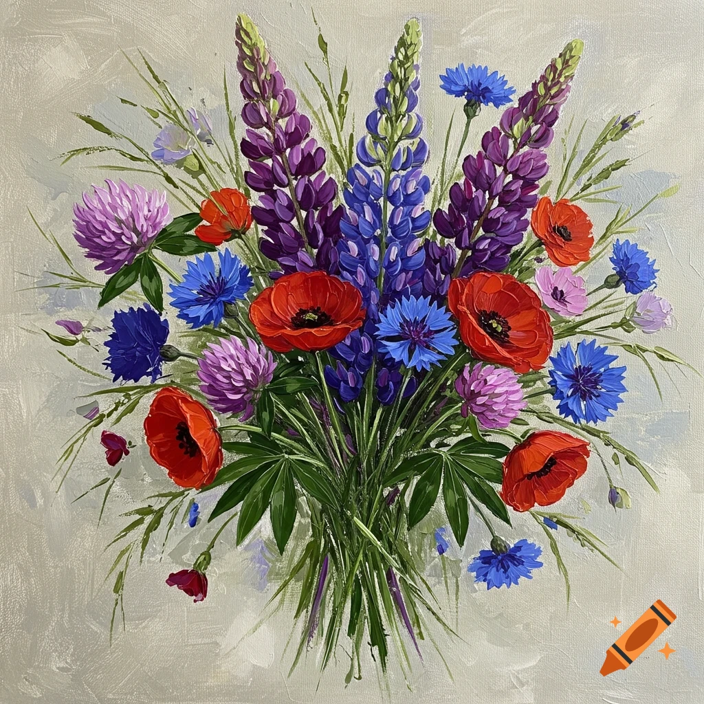 Expressionistic painting of a colorful bouquet of wild flowers including purple lupines, red poppies, blue cornflowers, and pink clover.