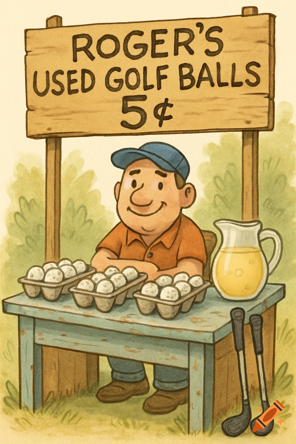 A cartoon man in a cap sits behind a wooden stand selling used golf balls in egg cartons. A sign reads "ROGER'S USED GOLF BALLS 5¢".
