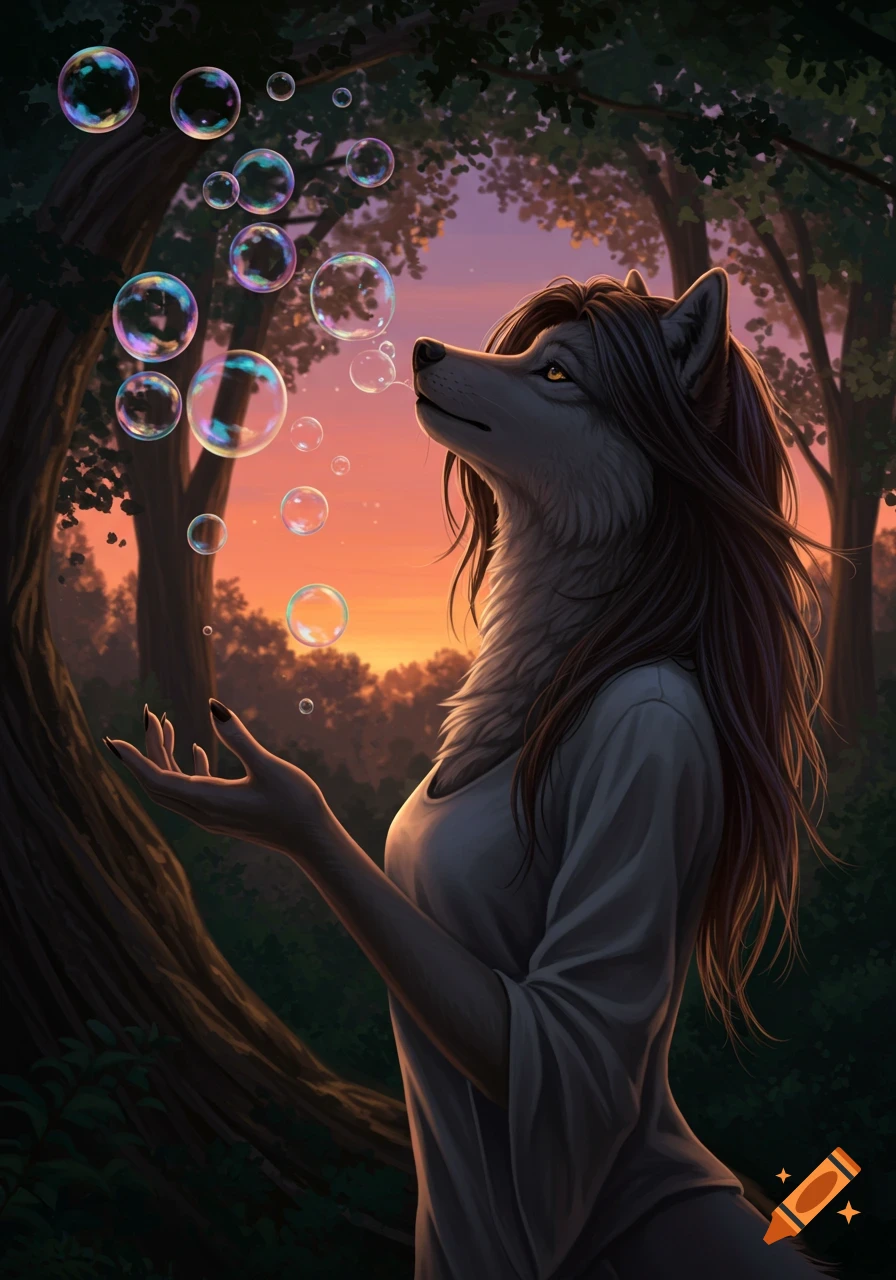 An anthropomorphic wolf woman with long dark hair blows iridescent bubbles in a magical forest at sunset, with one hand open.