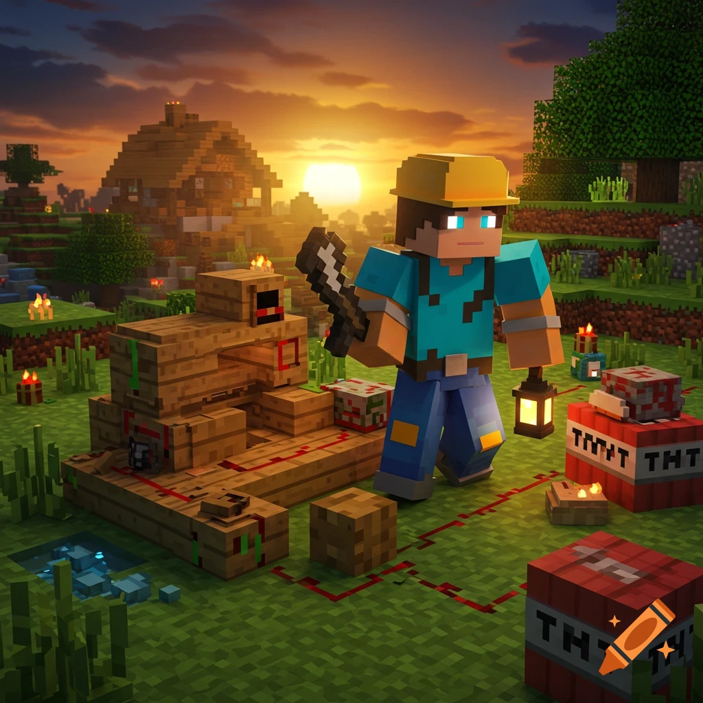 A Minecraft-style engineer character with a hard hat, axe, and lantern stands by a wooden machine and TNT blocks at sunset.