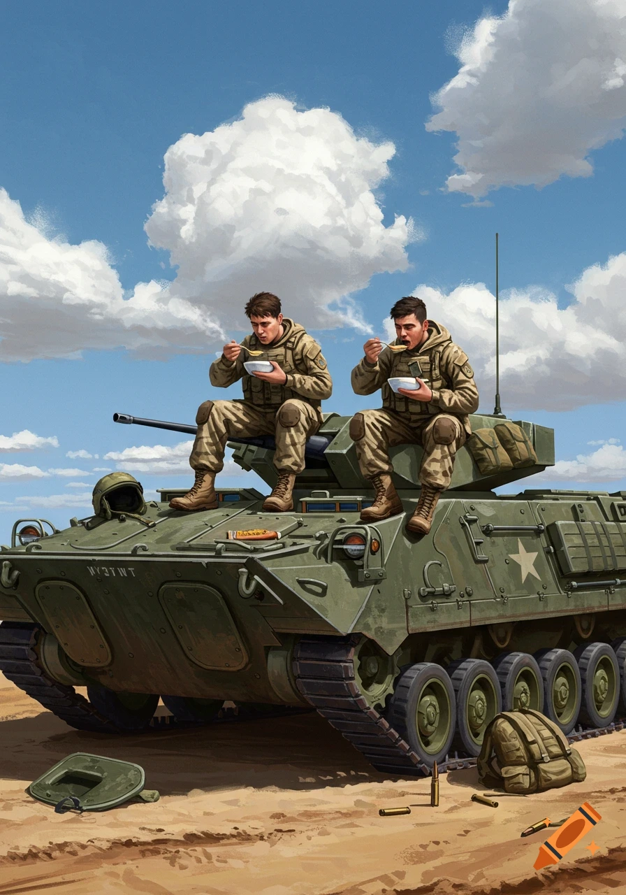 Two illustrated soldiers in uniform eat soup while sitting on a green armored personnel carrier in a desert.
