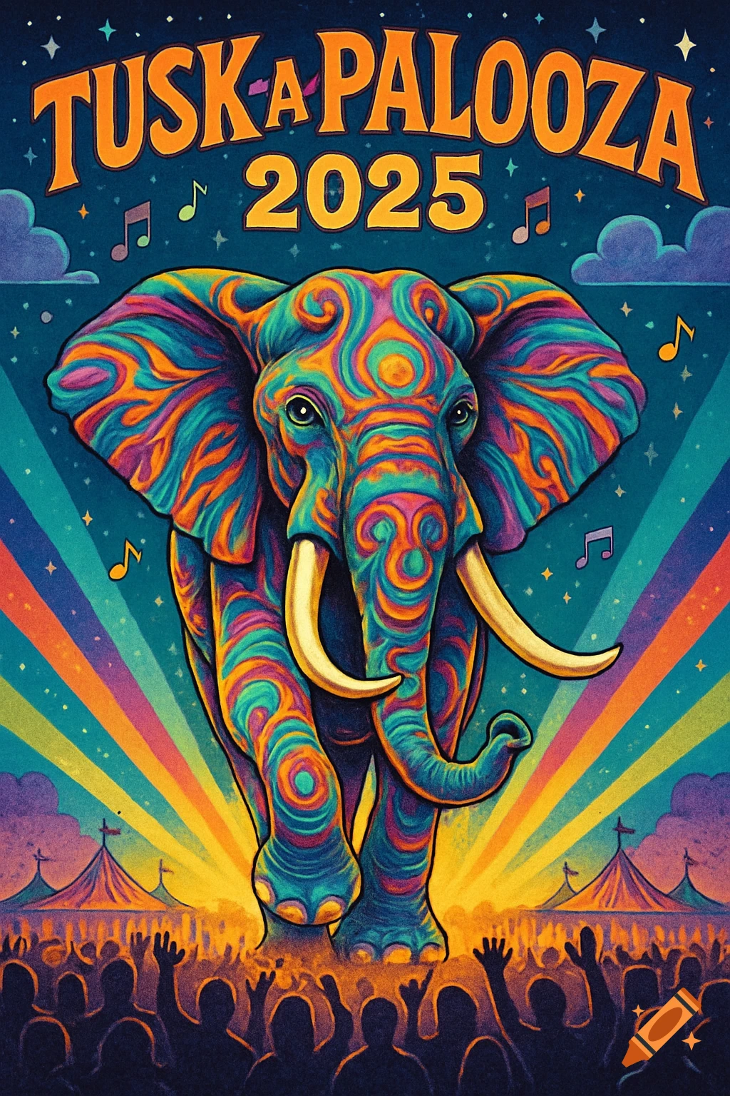 Vibrant psychedelic poster art for Tusk-a-Palooza 2025 featuring a colorful elephant, crowds, and circus tents.