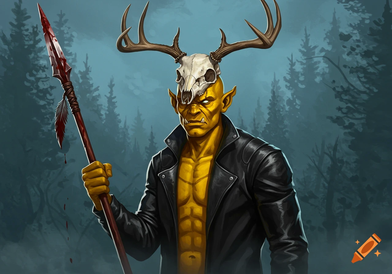 A muscular, yellow-skinned fantasy creature with a deer skull and antlers on his head, wearing a leather jacket and holding a bloody spear in a dark forest.