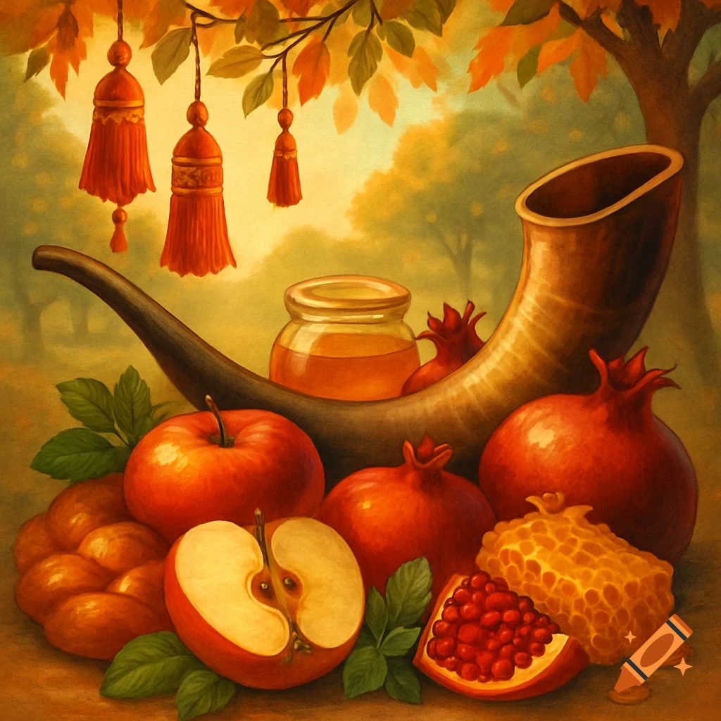 A painterly still life with a shofar, apples, pomegranates, honey, challah bread, and decorative tassels, set in an autumn forest.