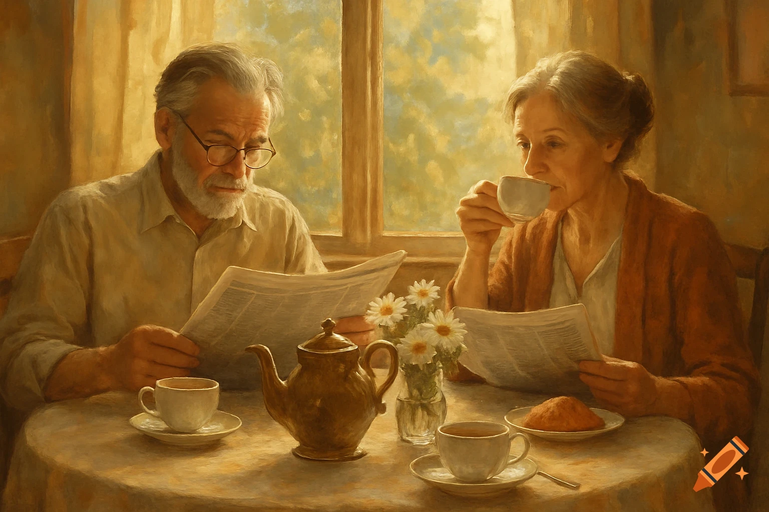 Painterly image of an elderly couple reading newspapers and drinking tea at a sunlit table by a window.