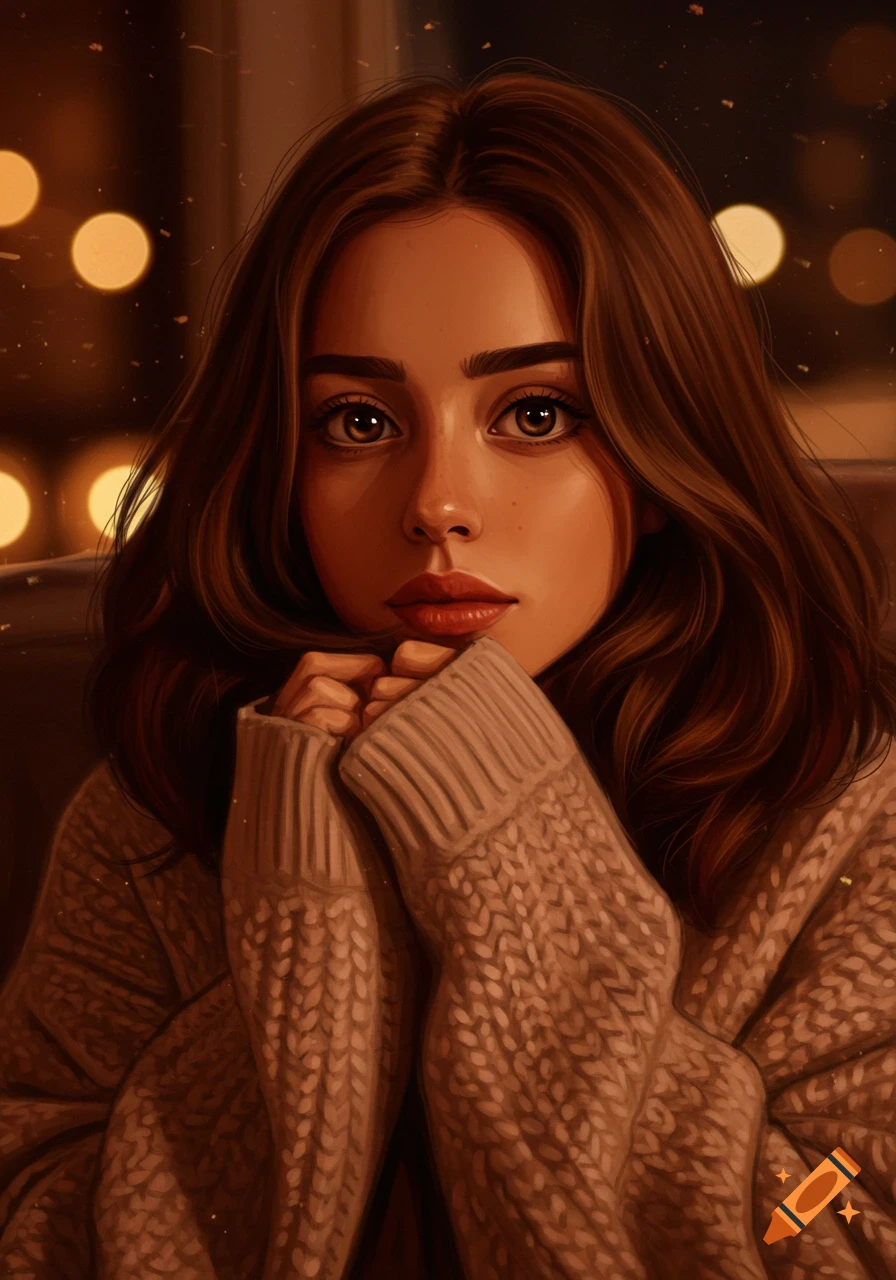 Digital painting of a young woman with brown hair and eyes, wearing a beige sweater, looking at the viewer. Warm bokeh lights in background.