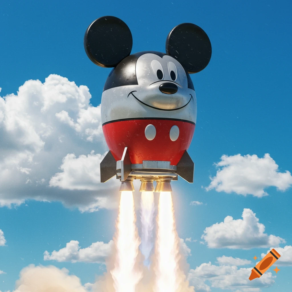 A 3D rendered Mickey Mouse-shaped rocket launches into a bright blue sky with white clouds, flames blasting from its thrusters.