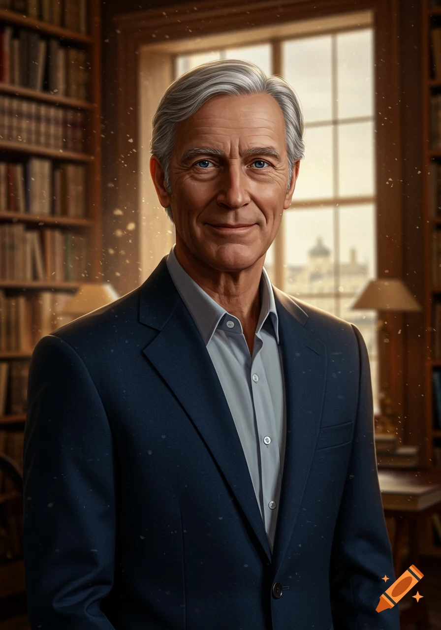 A distinguished older man with grey hair in a navy suit smiles in a sunlit library.