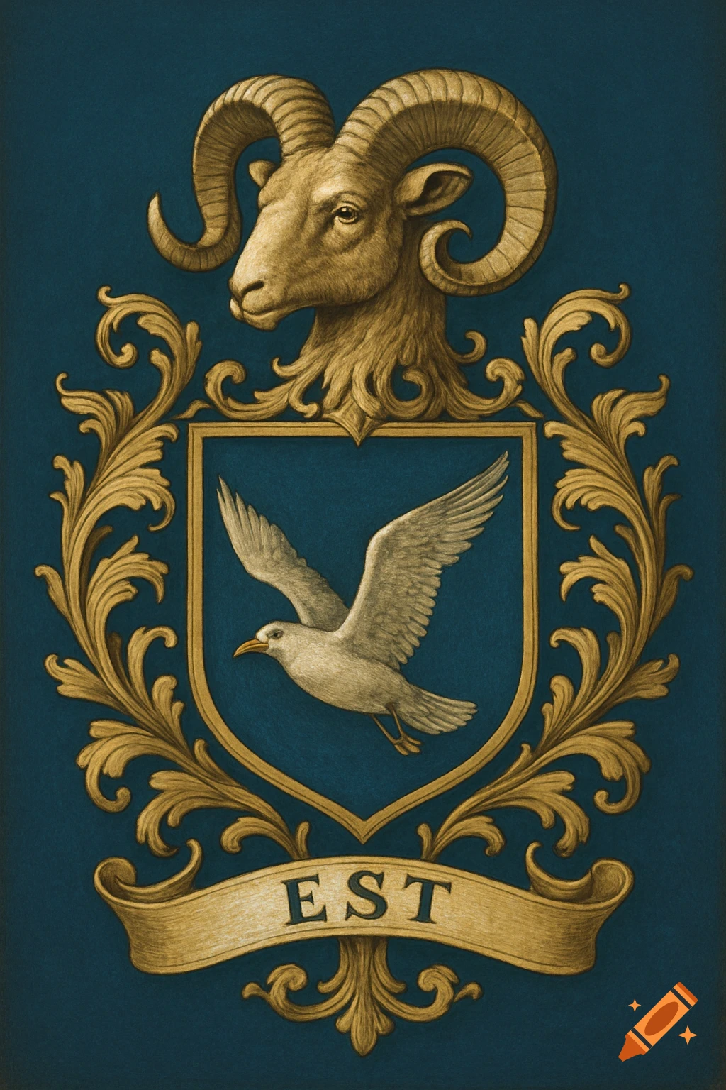 A detailed family crest with a golden ram's head, a shield featuring a white seagull, and a banner with 'EST' on a blue background.