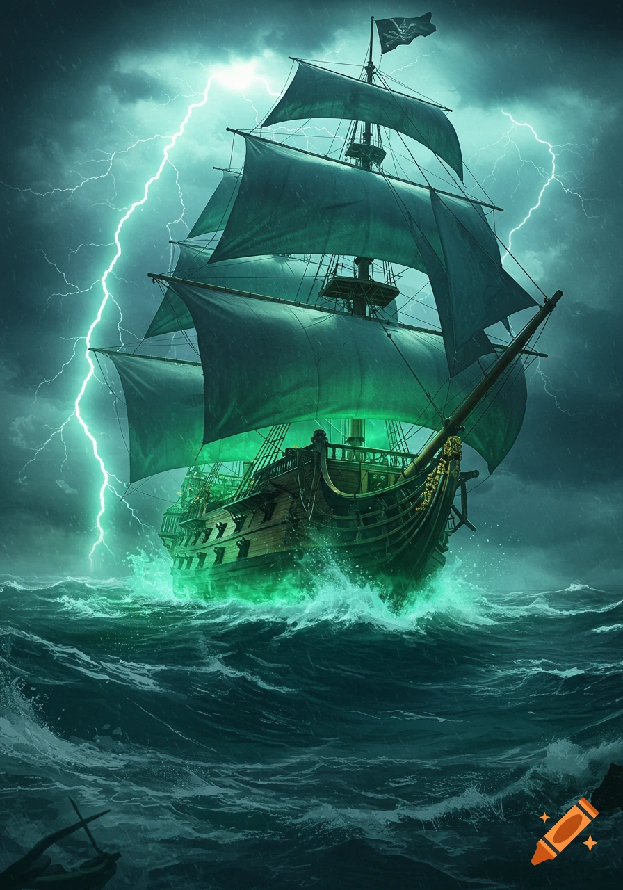 A ghostly pirate ship, the Flying Dutchman, battles a raging storm on a dark, green-glowing sea under electric green lightning.
