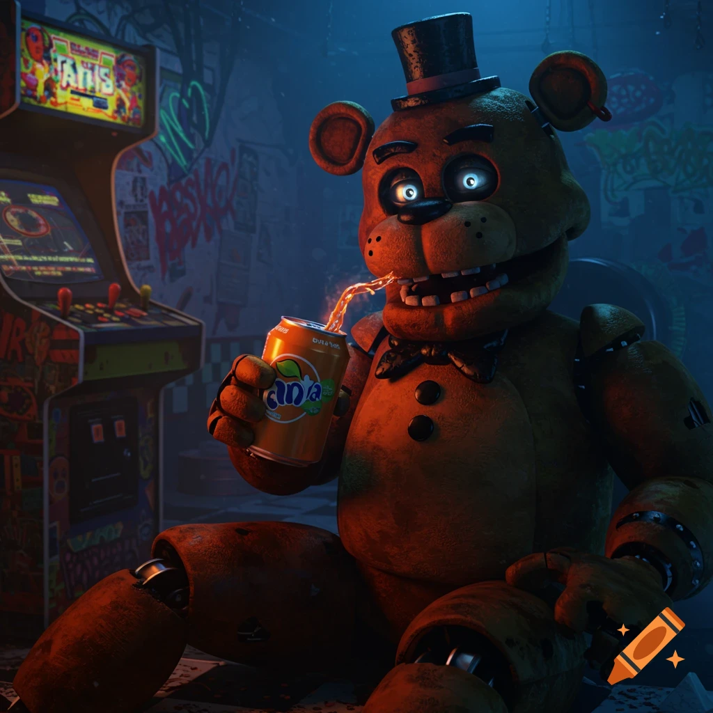 Freddy Fazbear, a brown animatronic bear in a top hat and bowtie, sits in a dark arcade, drinking orange soda from a Fanta can. High-quality render.