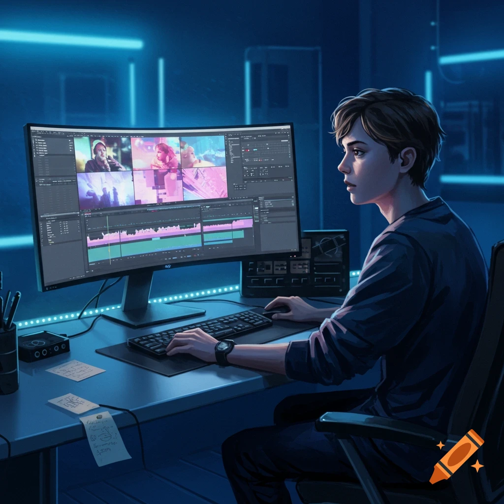 A young person edits videos on a large curved monitor in a dark, neon-lit room, digital illustration.