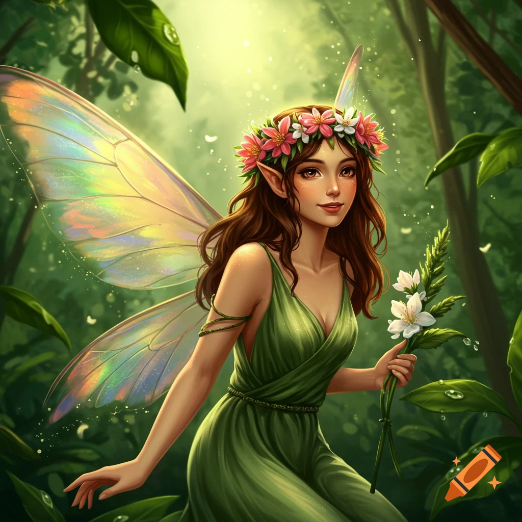 A brown-haired fairy with iridescent wings and a flower crown, wearing a green dress and holding white flowers in a sunlit forest, digital art.