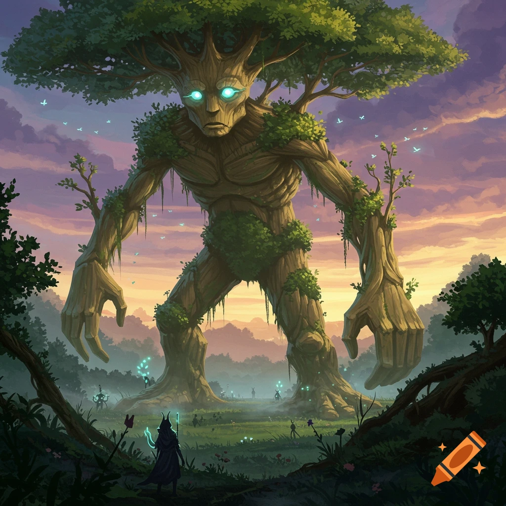 A colossal tree creature with glowing eyes stands in a magical forest clearing at sunset, observed by a small cloaked figure. Fantasy art.