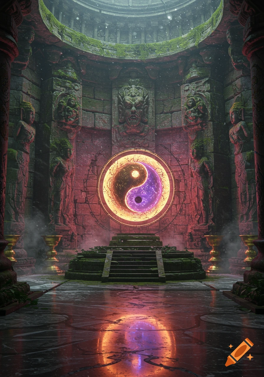 A purple and gold glowing Yin Yang symbol hovers in a moss-covered ancient temple with carved statues and steps, lit by mystic light.
