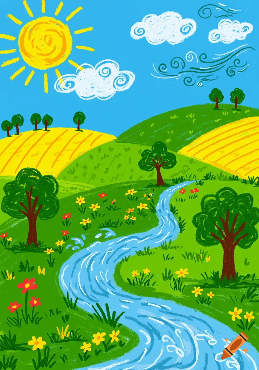 Childlike drawing of a vibrant landscape with a yellow sun, blue sky, green hills, yellow fields, a winding river, and trees.
