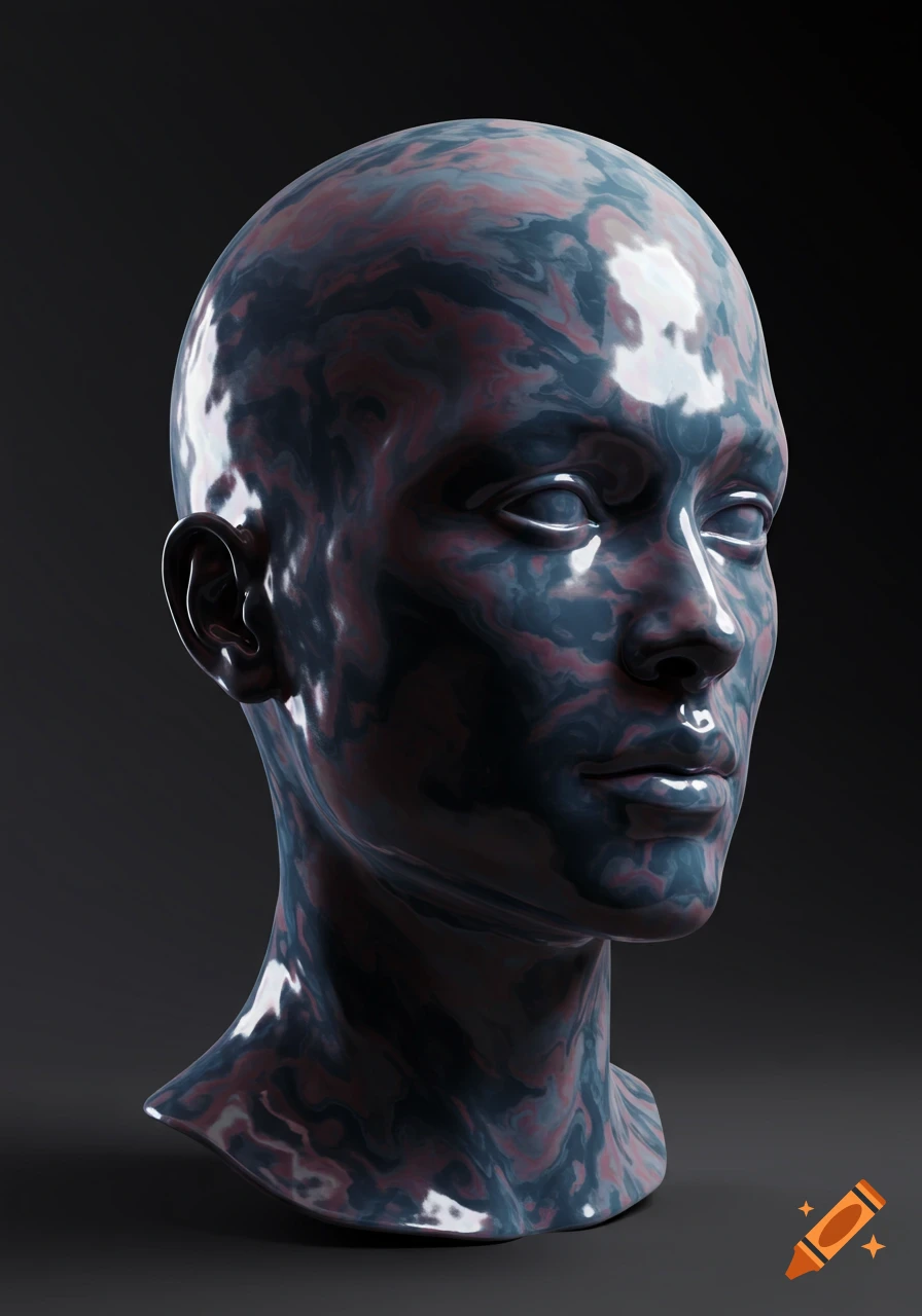 A shiny, marbled bust of a human head, stylized with swirling blue, red, and black patterns on a dark background.