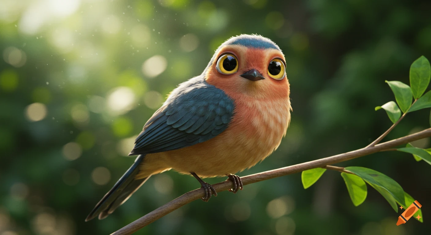 A cute, fluffy Pixar-style cartoon bird with big eyes, orange and blue feathers, perched on a branch in soft sunlight.