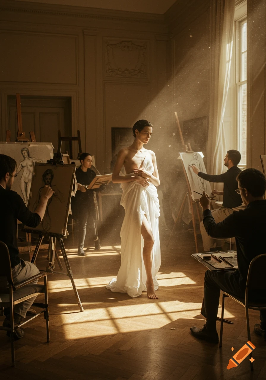 Photorealistic image of a figure drawing session in a sunlit art studio. A draped model poses while several artists sketch her.