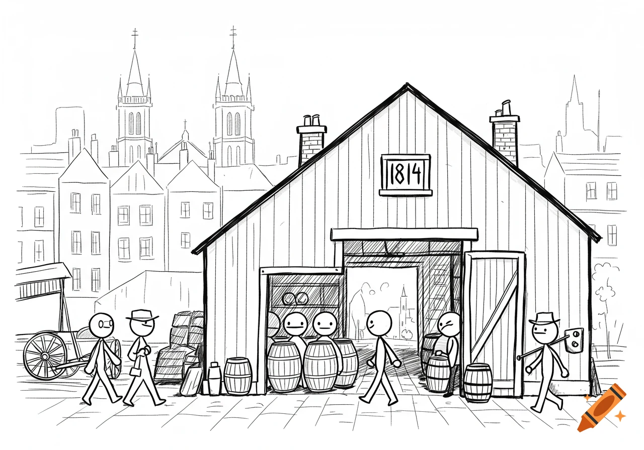 Stick-figure style cartoon drawing of an 1814 London street scene with a warehouse, barrels, and people.