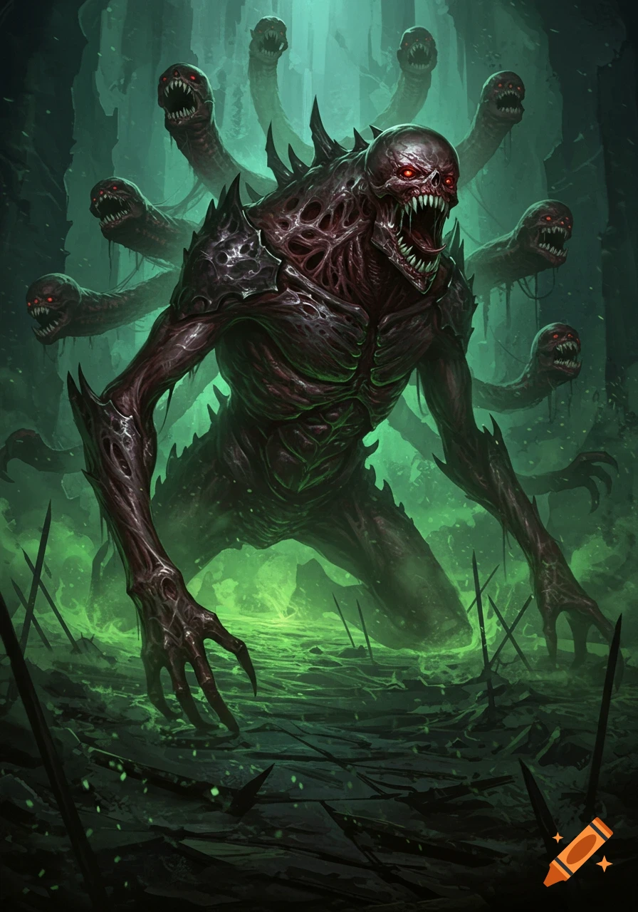 A grotesque, multi-headed monster with exposed flesh, sharp teeth, and glowing red eyes stands in a dark, neon green lit cavern, surrounded by spikes. Dark fantasy art style.