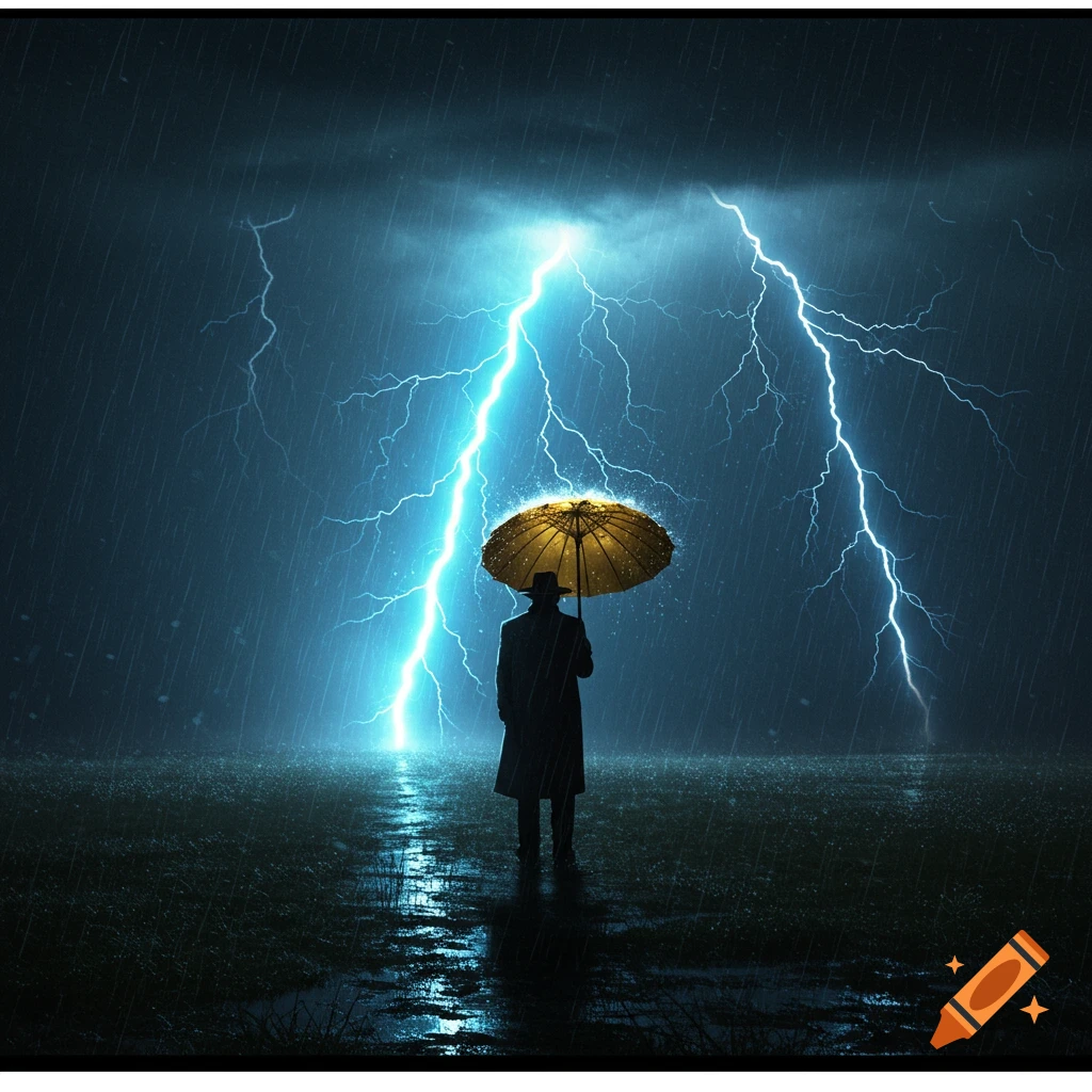 A silhouetted man in a hat holds a glowing golden umbrella amidst heavy rain and dramatic blue lightning, standing on a dark, wet field.