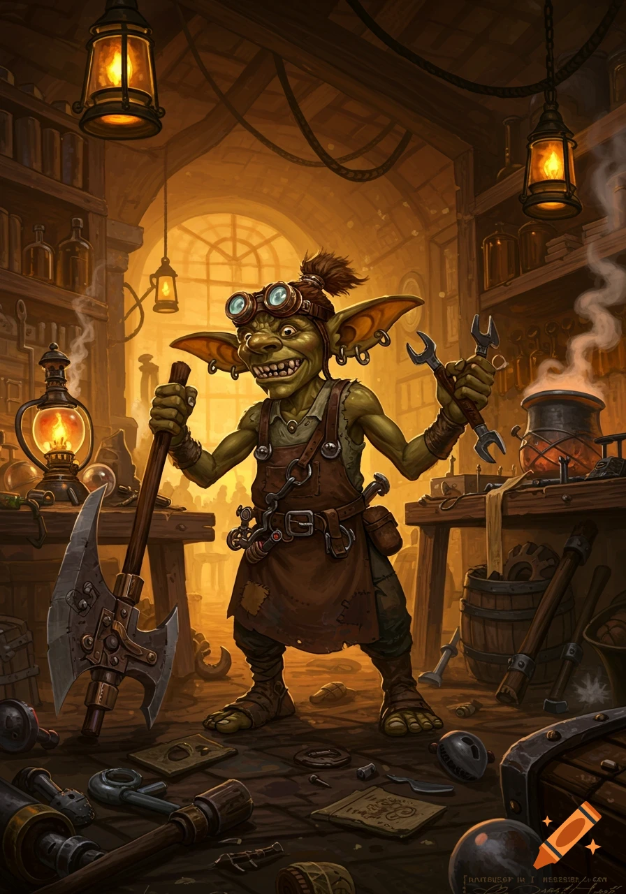 A grinning, green-skinned goblin in goggles and an apron holds a large axe and a wrench in a cluttered, warmly lit workshop, in a detailed fantasy art style.