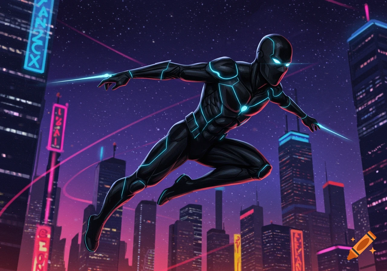 A black superhero with glowing blue lines flies through a neon-lit cyberpunk city at night.