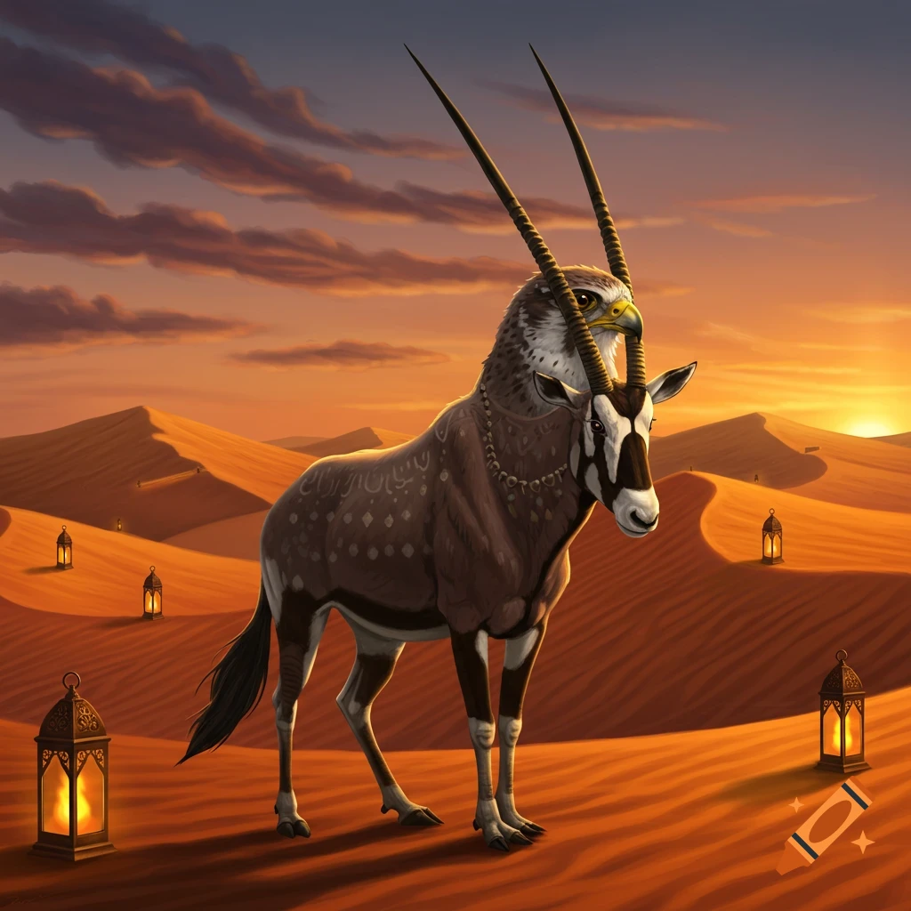 A majestic creature with a falcon head and oryx body stands in a vibrant desert at sunset, surrounded by illuminated lanterns. Digital art.