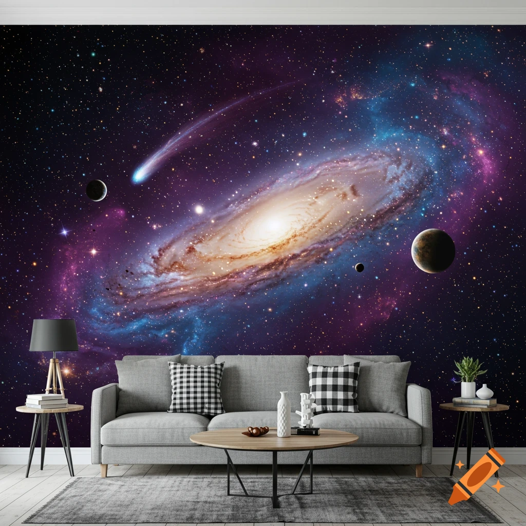 A modern living room with a grey sofa, coffee table, and side tables, set against a stunning galaxy wallpaper featuring a spiral galaxy, planets, and a comet.