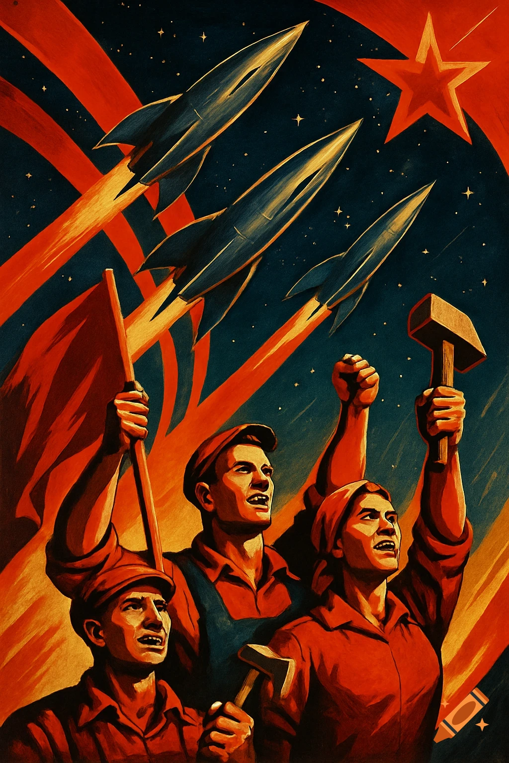 Soviet propaganda poster featuring proud workers looking up at rockets launching into space with a red star.