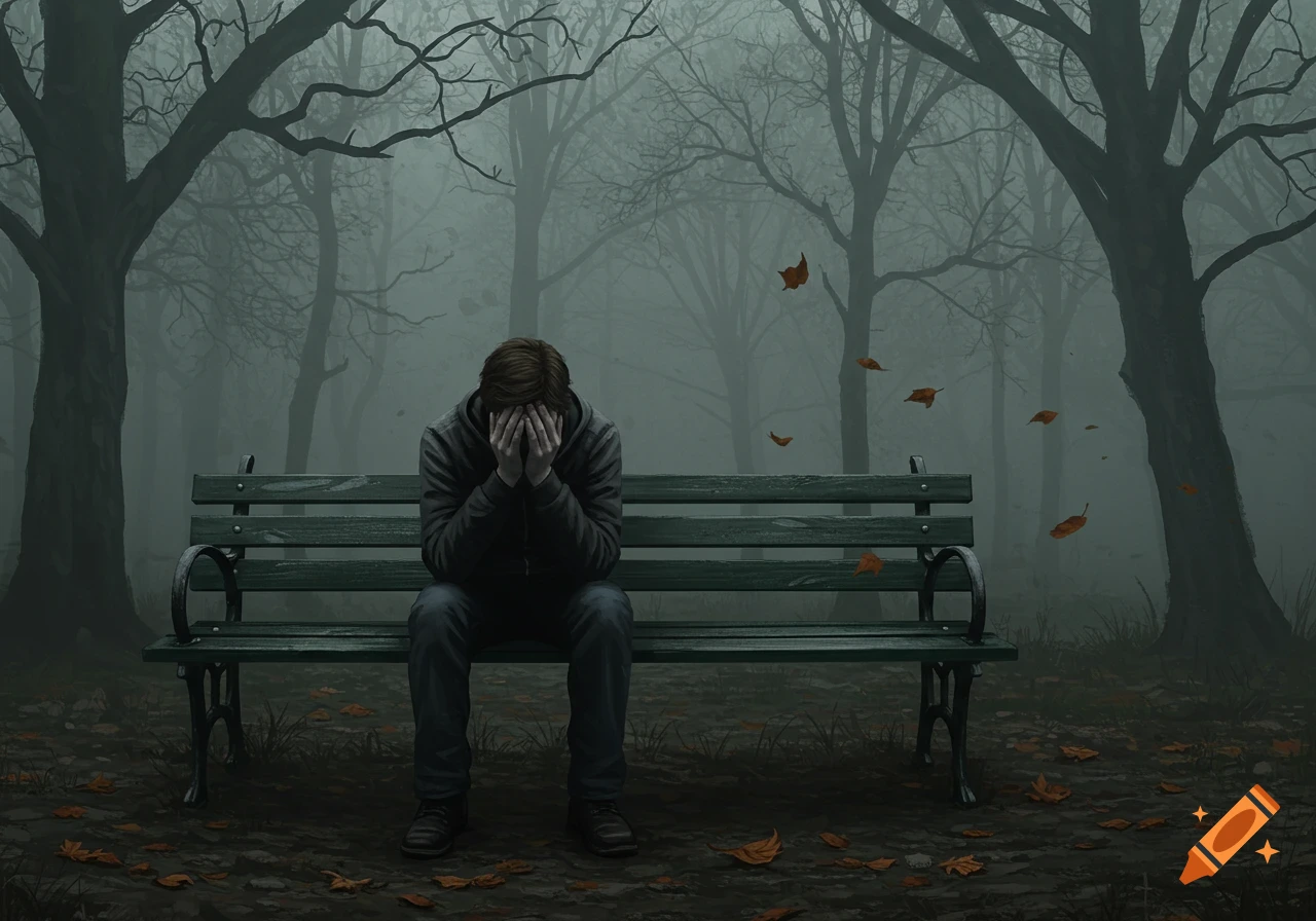 A man sits on a park bench, covering his face in a gloomy, misty forest with bare trees and fallen leaves.