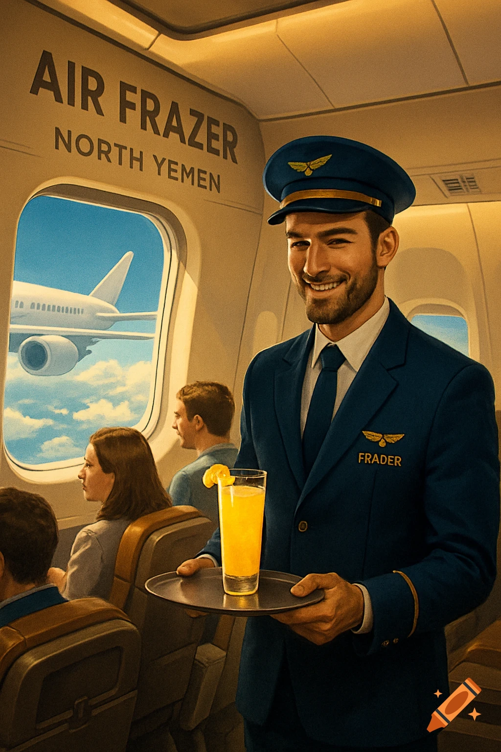 A smiling flight attendant in a blue uniform serves an orange drink on a tray inside an airplane cabin. Passengers are visible, and another plane is seen outside the window.