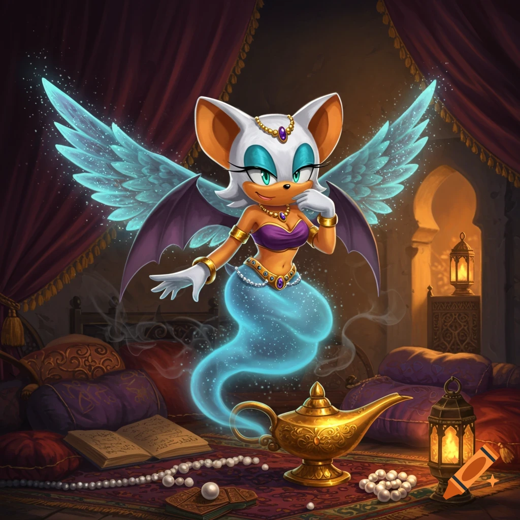 Rouge the Bat as a blue-tailed genie with sparkling wings, wearing a purple top and gold jewelry, emerging from a golden lamp in an ornate room.