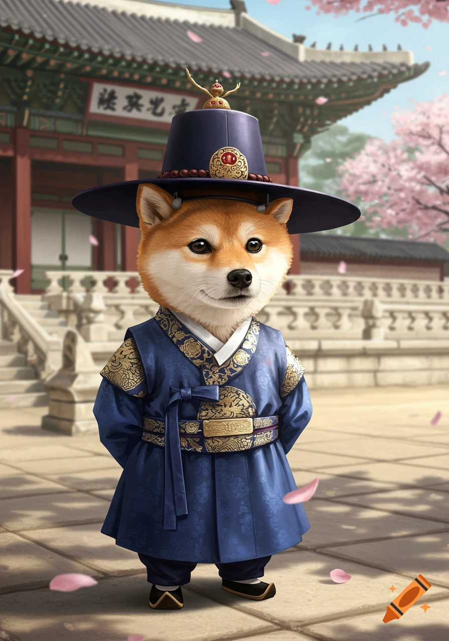 A shiba inu dog dressed in a blue and gold traditional Joseon era royal guard uniform stands in front of a Korean palace with cherry blossoms.