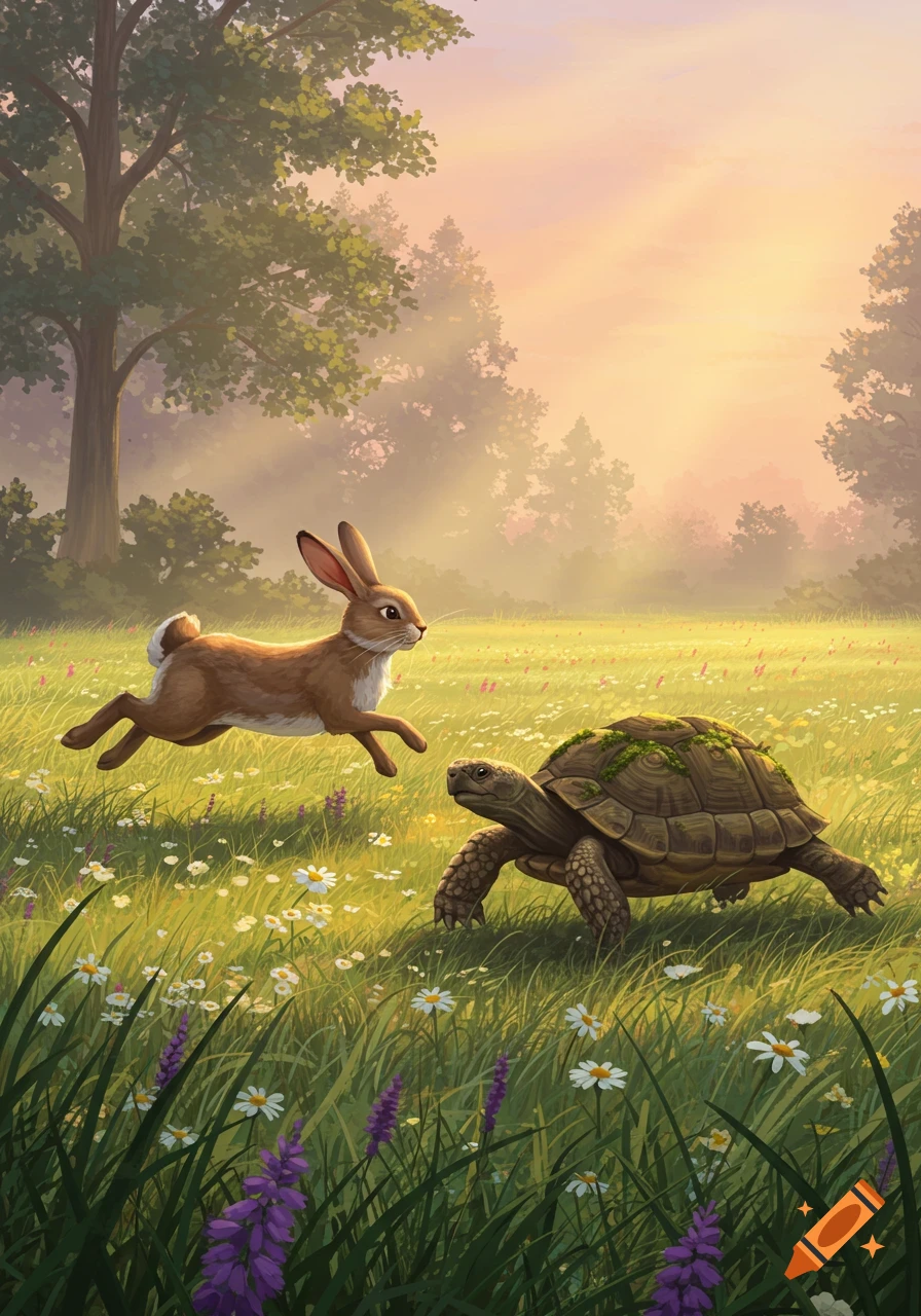 Illustration of a brown rabbit hopping past a tortoise in a daisy-filled grassy field with trees and a misty sunrise.