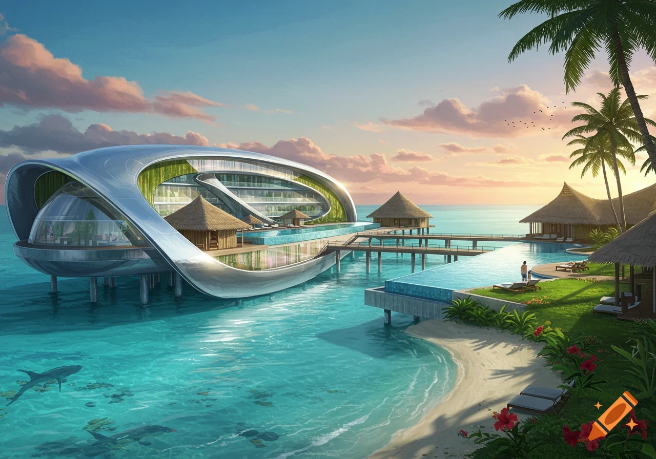 A futuristic, curved resort building with overwater bungalows and infinity pools on a tropical beach at sunset. Clear blue ocean with sharks visible below.