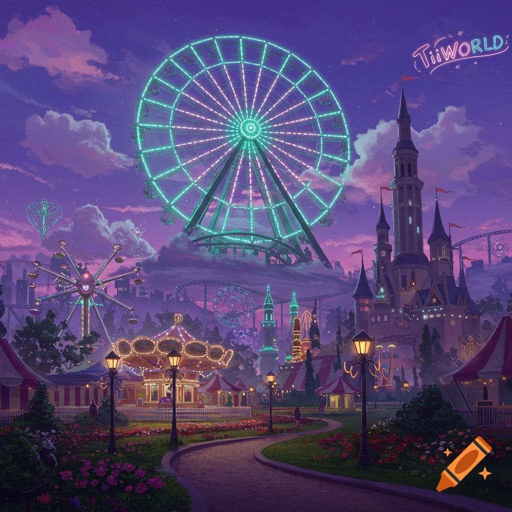 A vibrant, fantastical amusement park at night with a glowing Ferris wheel, a castle, and a carousel under a purple and pink sky.