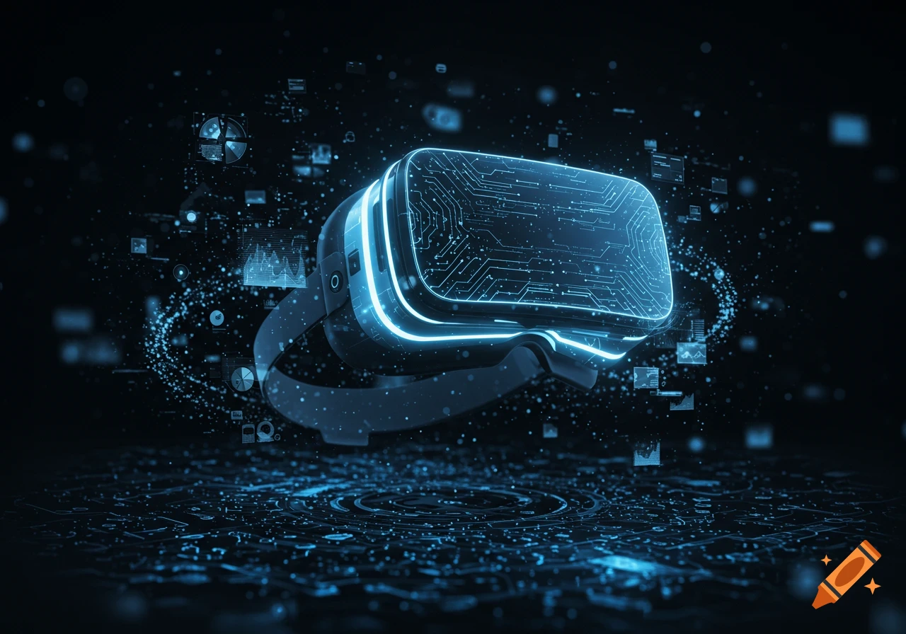 A glowing, futuristic virtual reality headset with circuit patterns and digital data elements on a dark background.