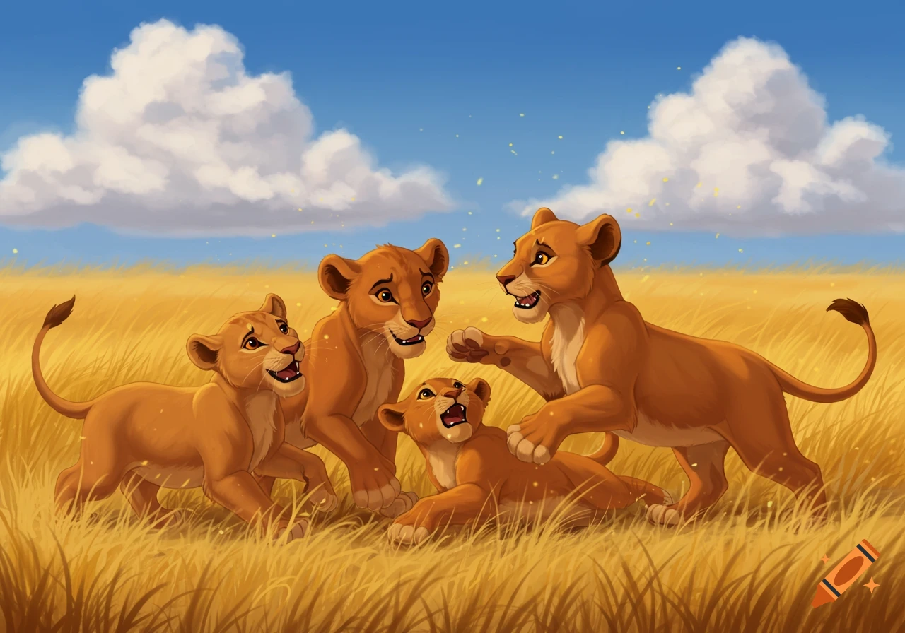 Four playful cartoon lion cubs frolic in a golden grassy field under a blue sky with fluffy clouds.