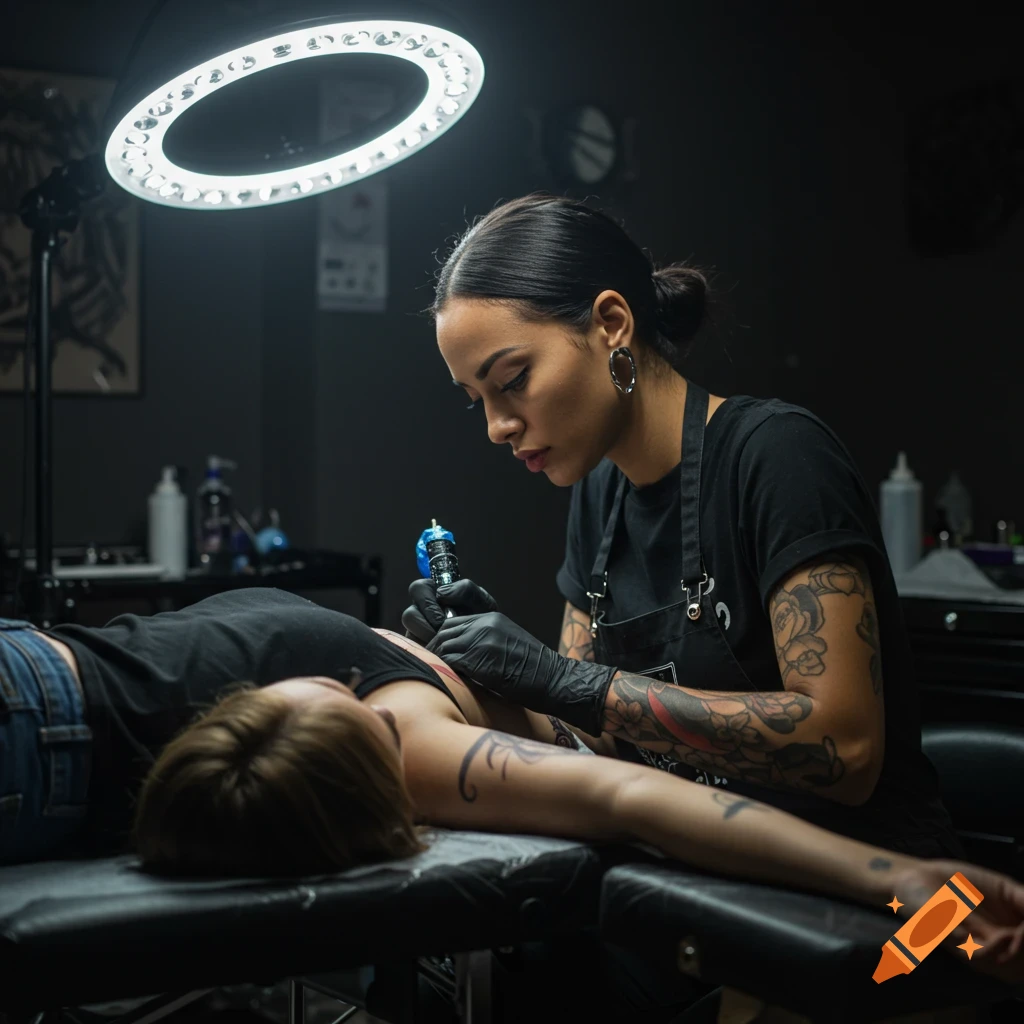 A female tattoo artist with tattoos on her arms tattoos a client's shoulder in a dark, hyper-realistic studio with a bright ring light.