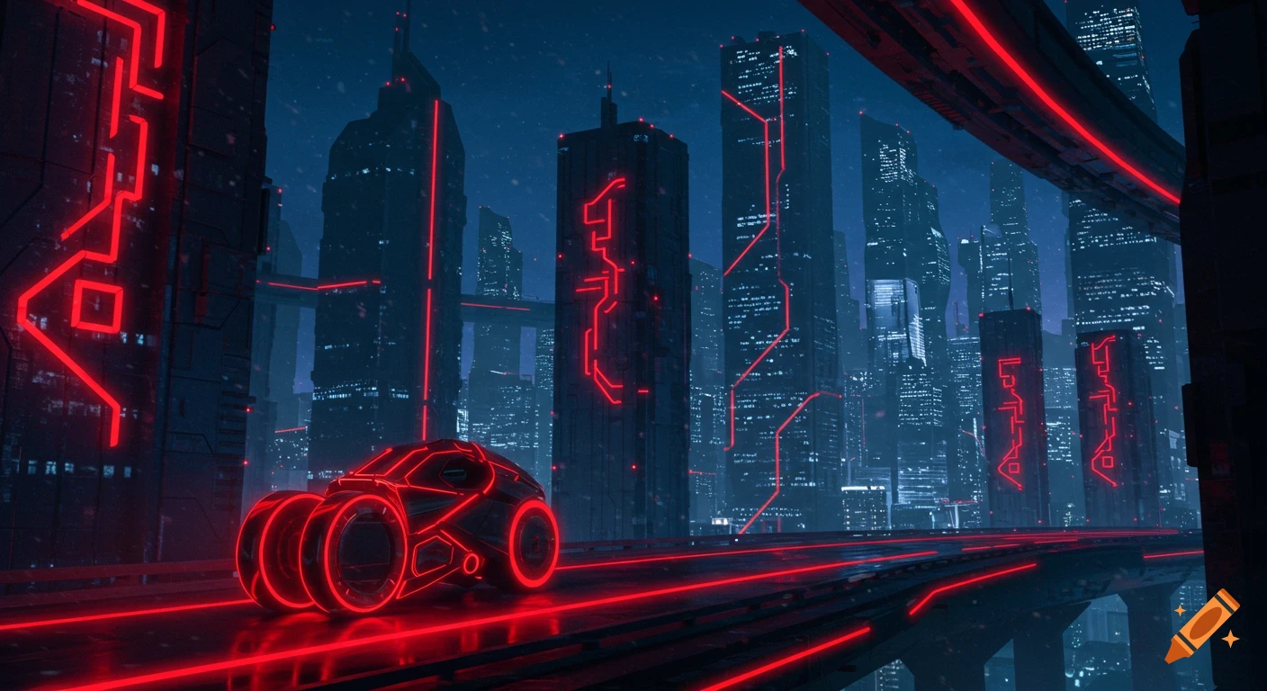 Futuristic city at night with glowing red lines, a sleek sci-fi vehicle on a road, and tall skyscrapers.