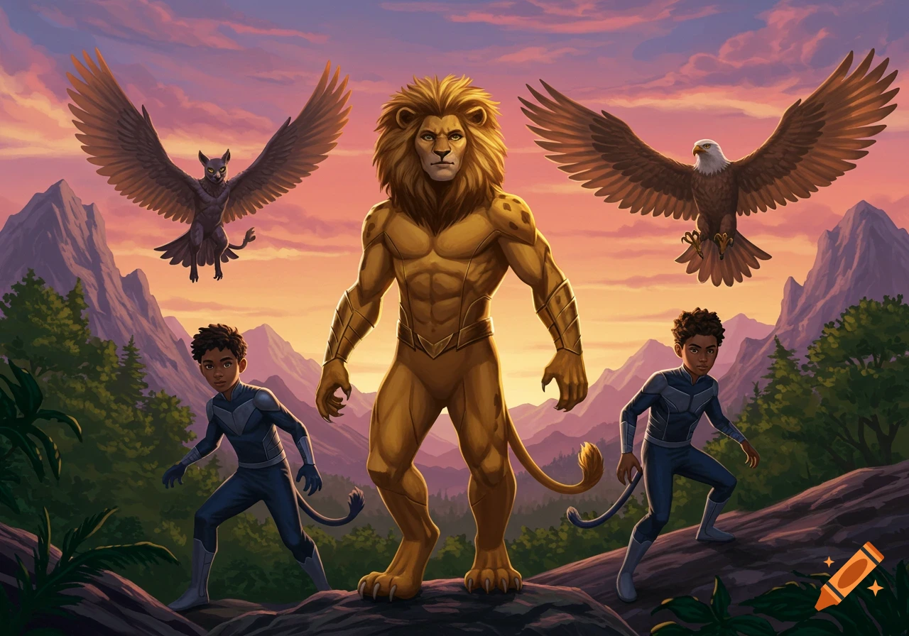 A muscular lion-man, two boys in blue animal-themed suits, a flying gargoyle, and an eagle stand on a mountain under a sunset sky.
