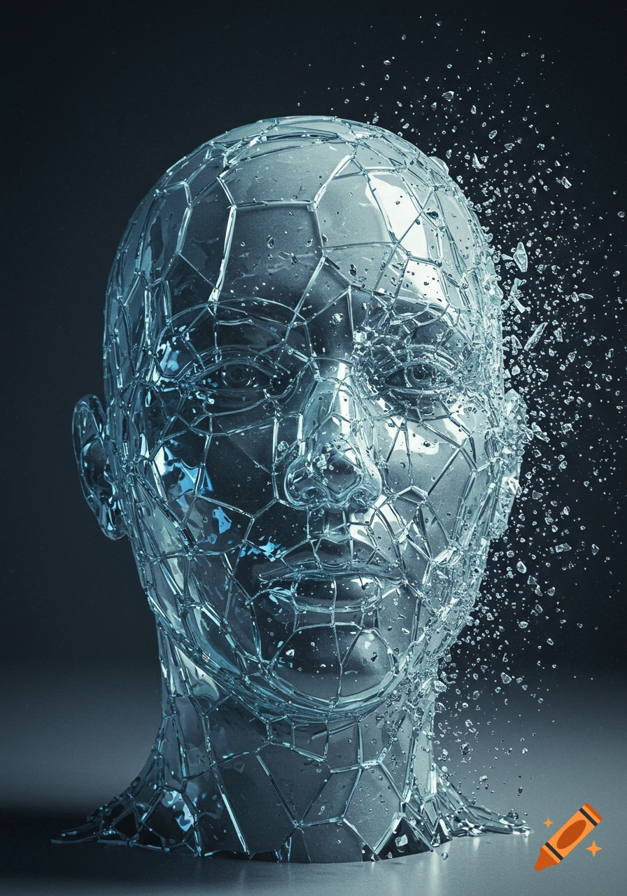 A photorealistic rendering of a shattered human head made of polygonal glass shards, with fragments flying off one side.