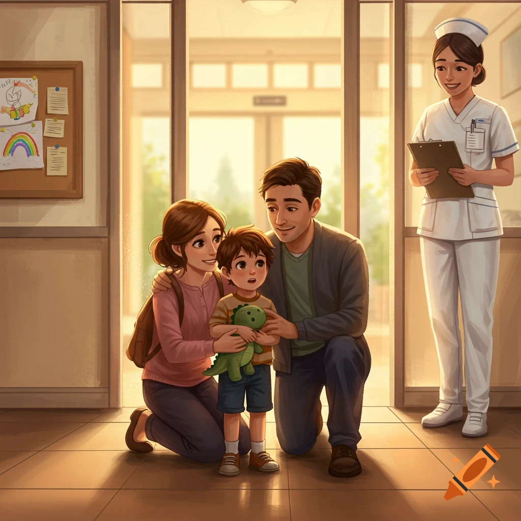 An illustration of parents reassuring their child holding a toy dinosaur at a pediatric hospital entrance, while a smiling nurse observes.