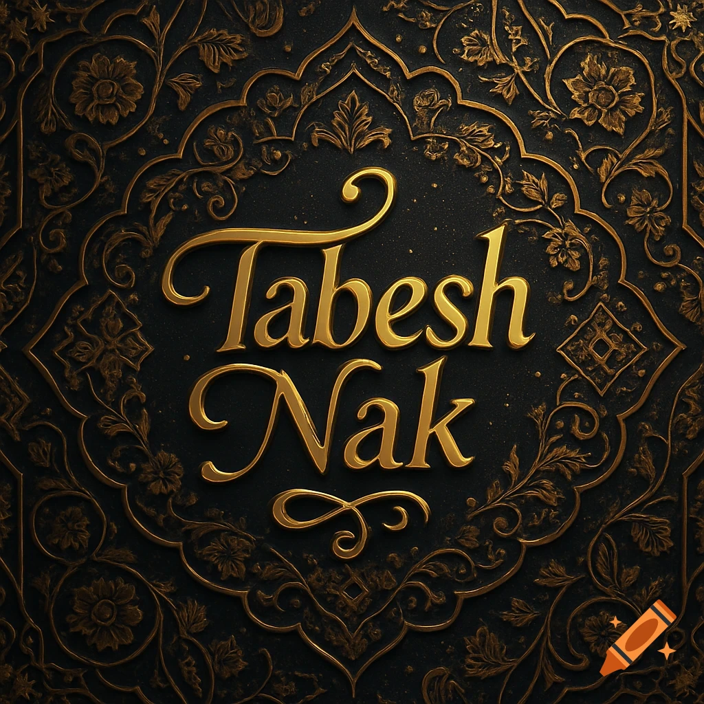 Golden, embossed 'Tabesh Nak' text on a dark background with intricate gold ornamental and floral patterns.