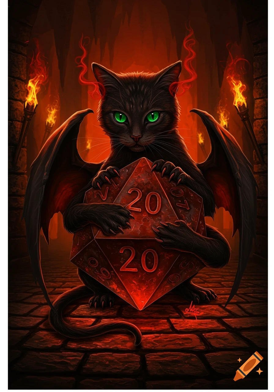 A black cat with dragon wings and glowing green eyes guards a large red D20 dice in a fiery dungeon, digital fantasy art style.