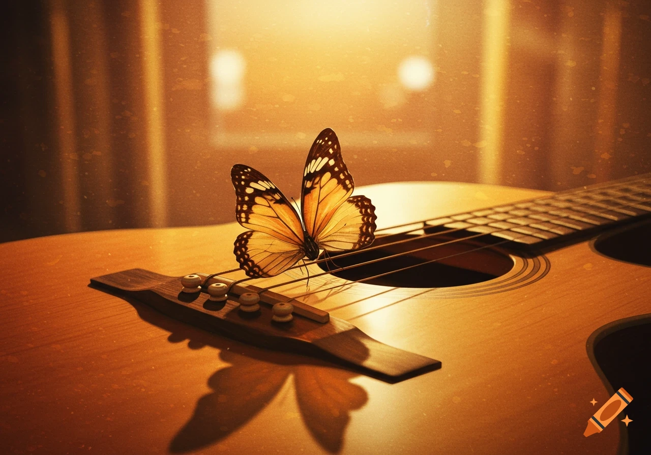 A butterfly rests on the strings of an acoustic guitar, bathed in warm, golden light with a soft watercolor style.