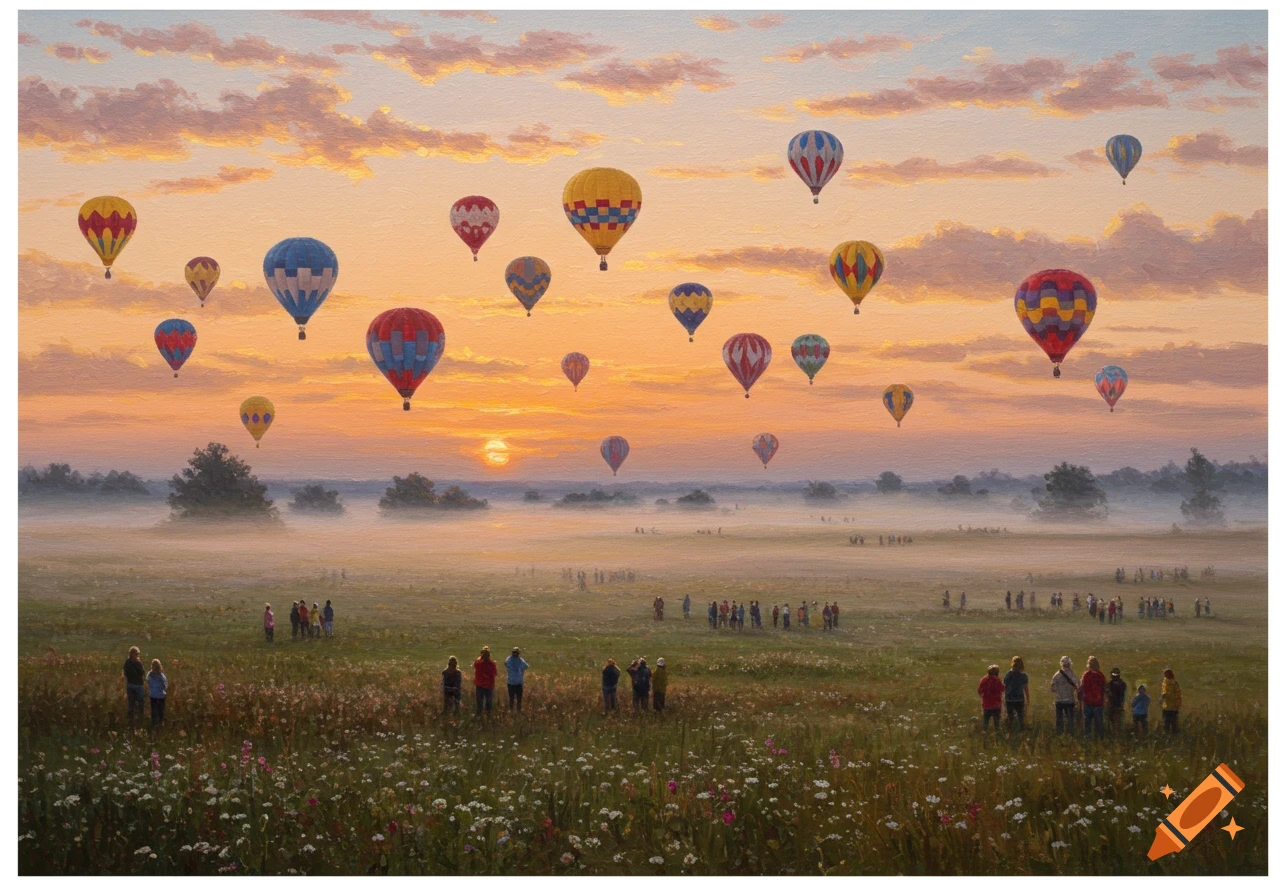 An oil painting of a vibrant hot air balloon festival at sunrise over a misty field with many spectators.
