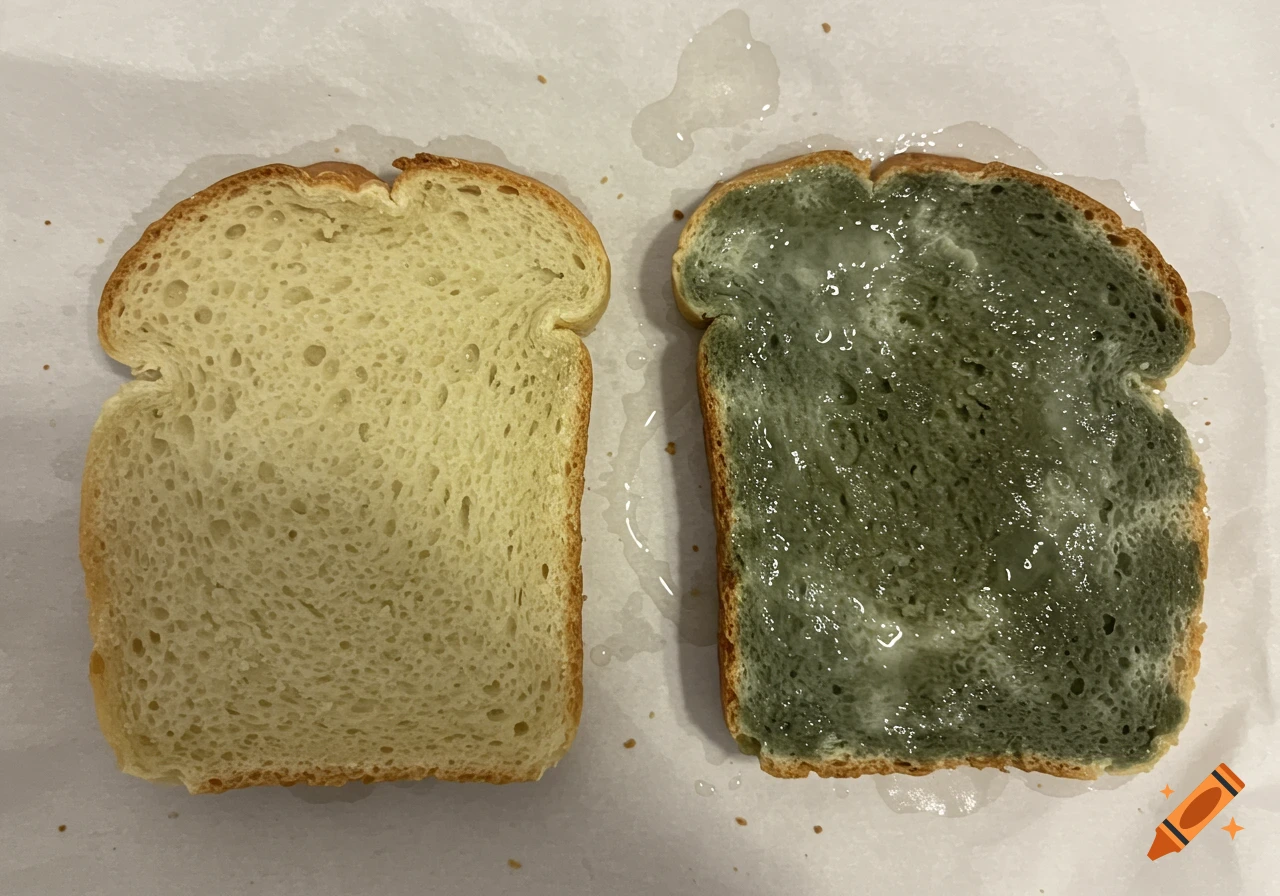 Two slices of bread on a white surface, one fresh, one covered in green and white mold.